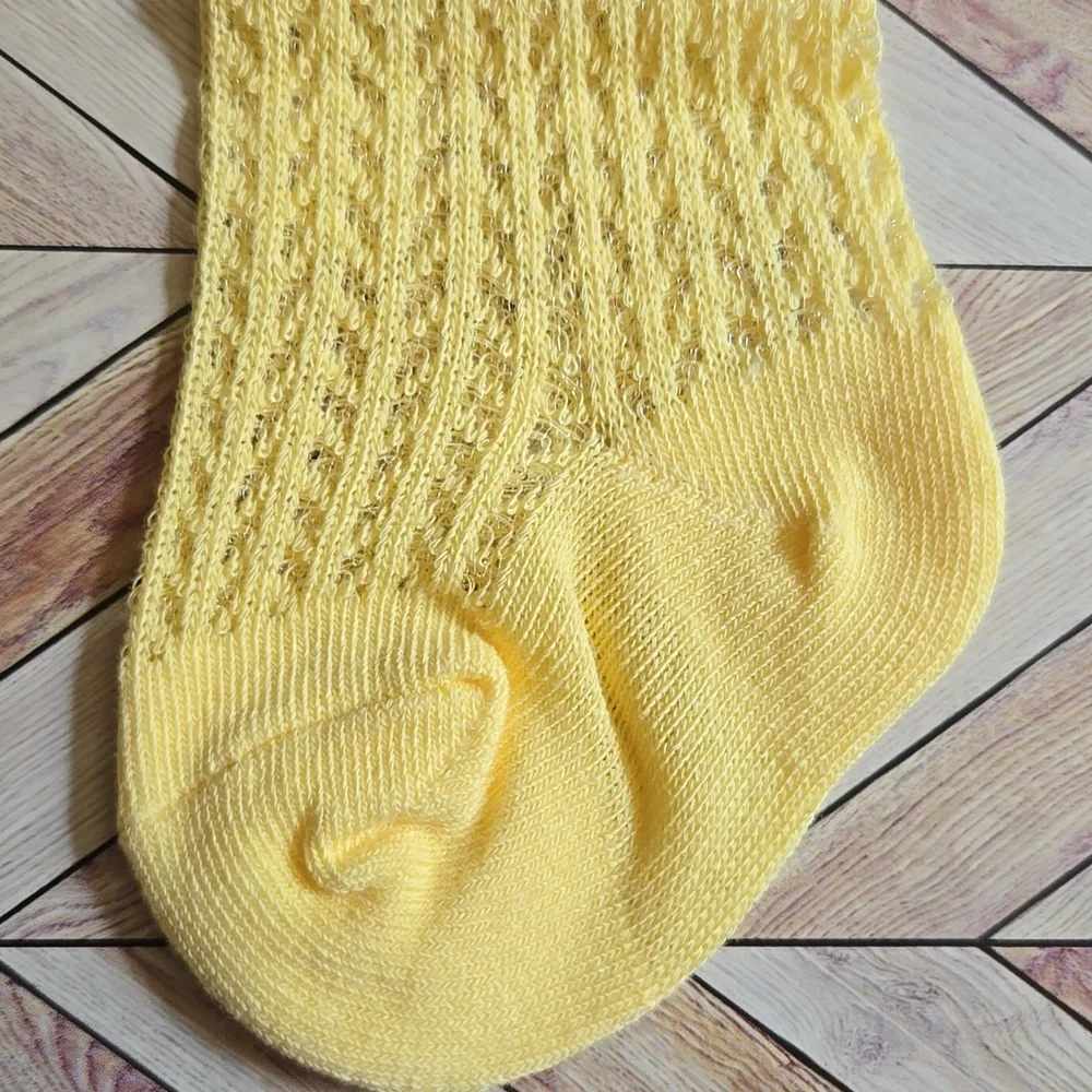 Baby Girl Knee High Yellow Socks With Large Satin Bow Pointelle Knit Ruffle Sock